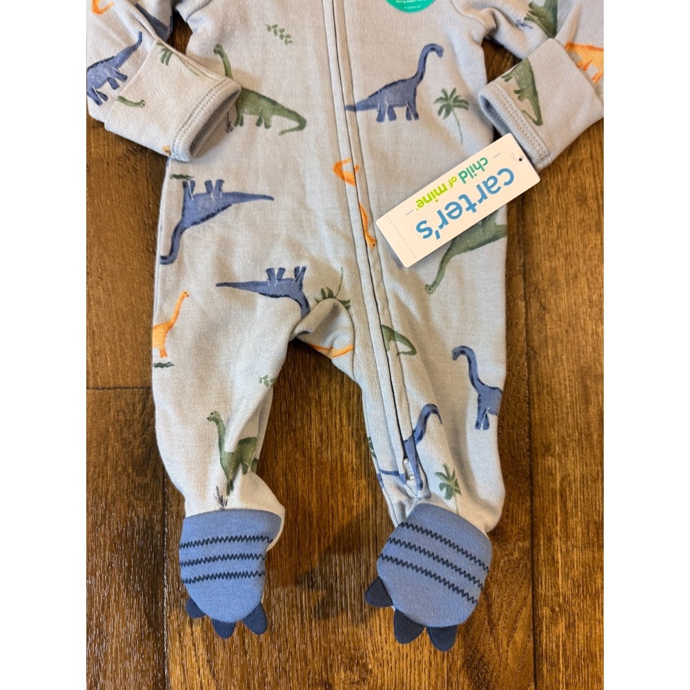 New Carters Baby Sleeper Boy Preemie Dinosaur 2 Way Zip Outfit Romper Dino Feet - Picture 4 of 13